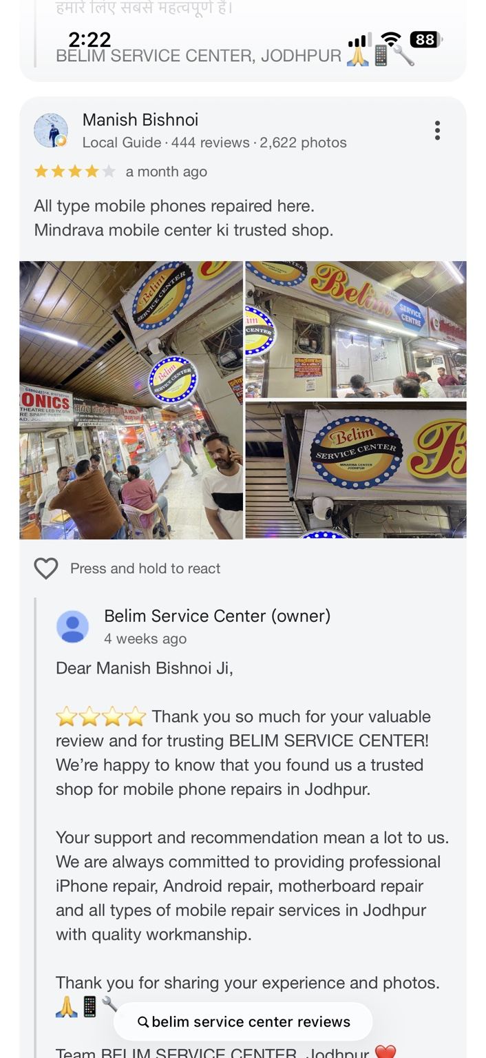 Google review screenshot for BELIM SERVICE CENTER