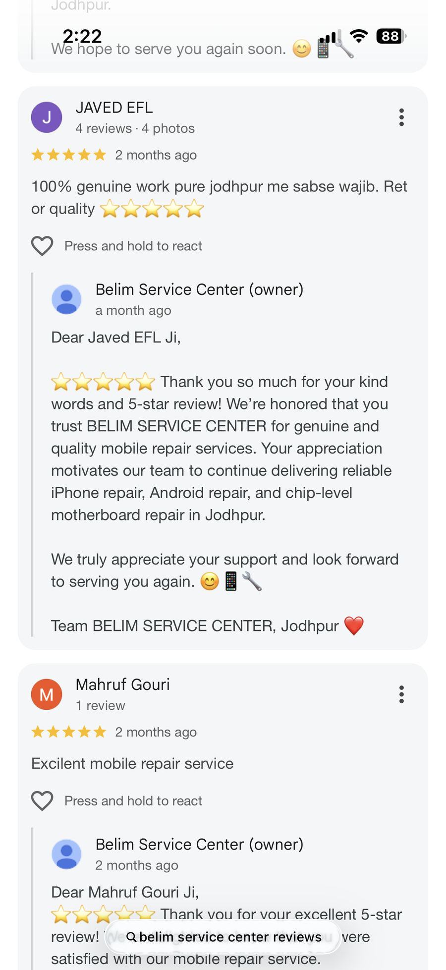 Google review screenshot for BELIM SERVICE CENTER
