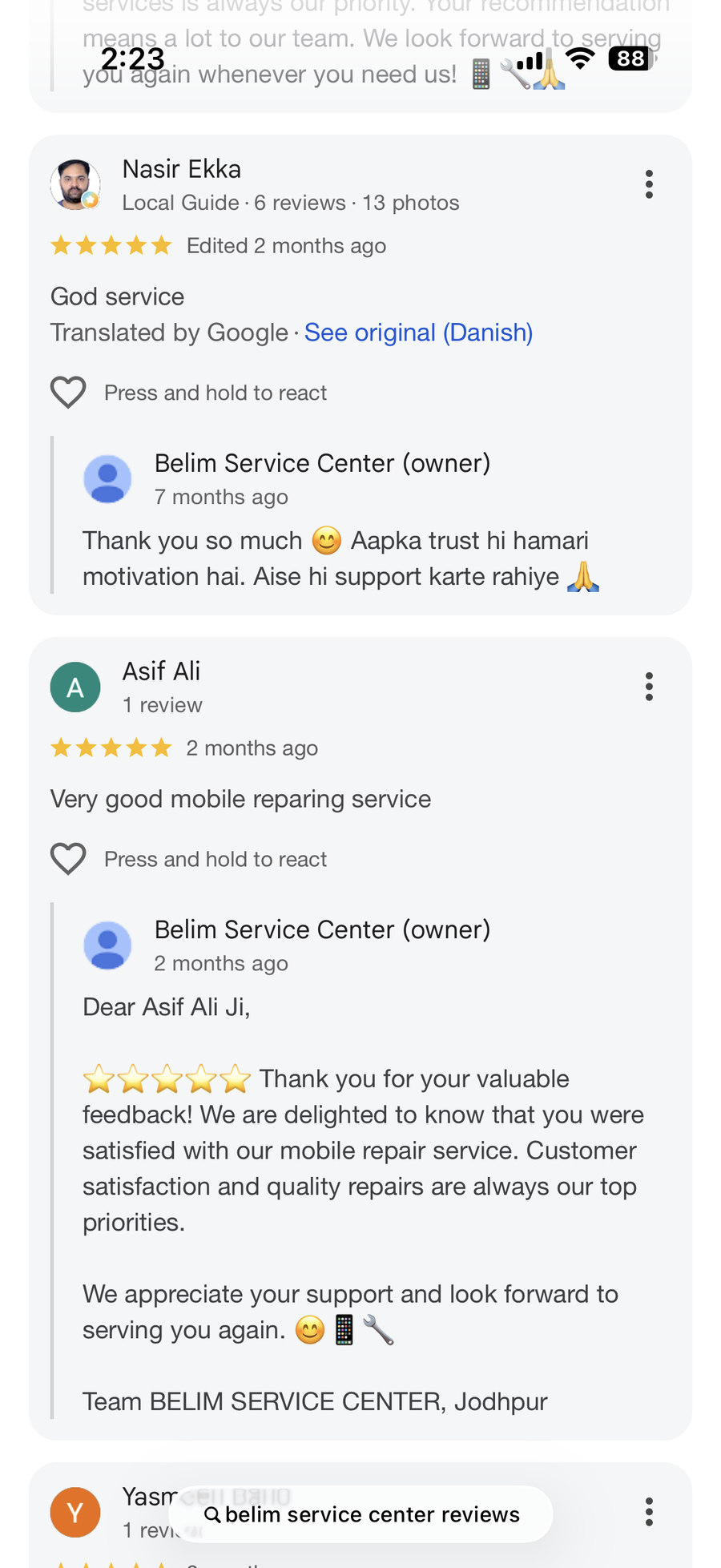 Google review screenshot for BELIM SERVICE CENTER
