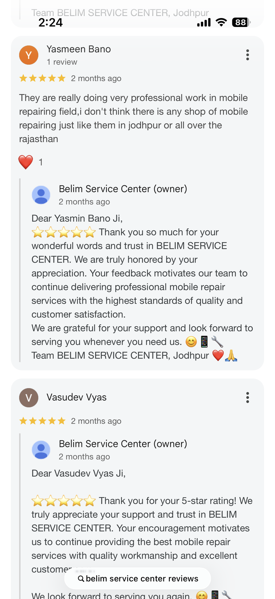 Google review screenshot for BELIM SERVICE CENTER