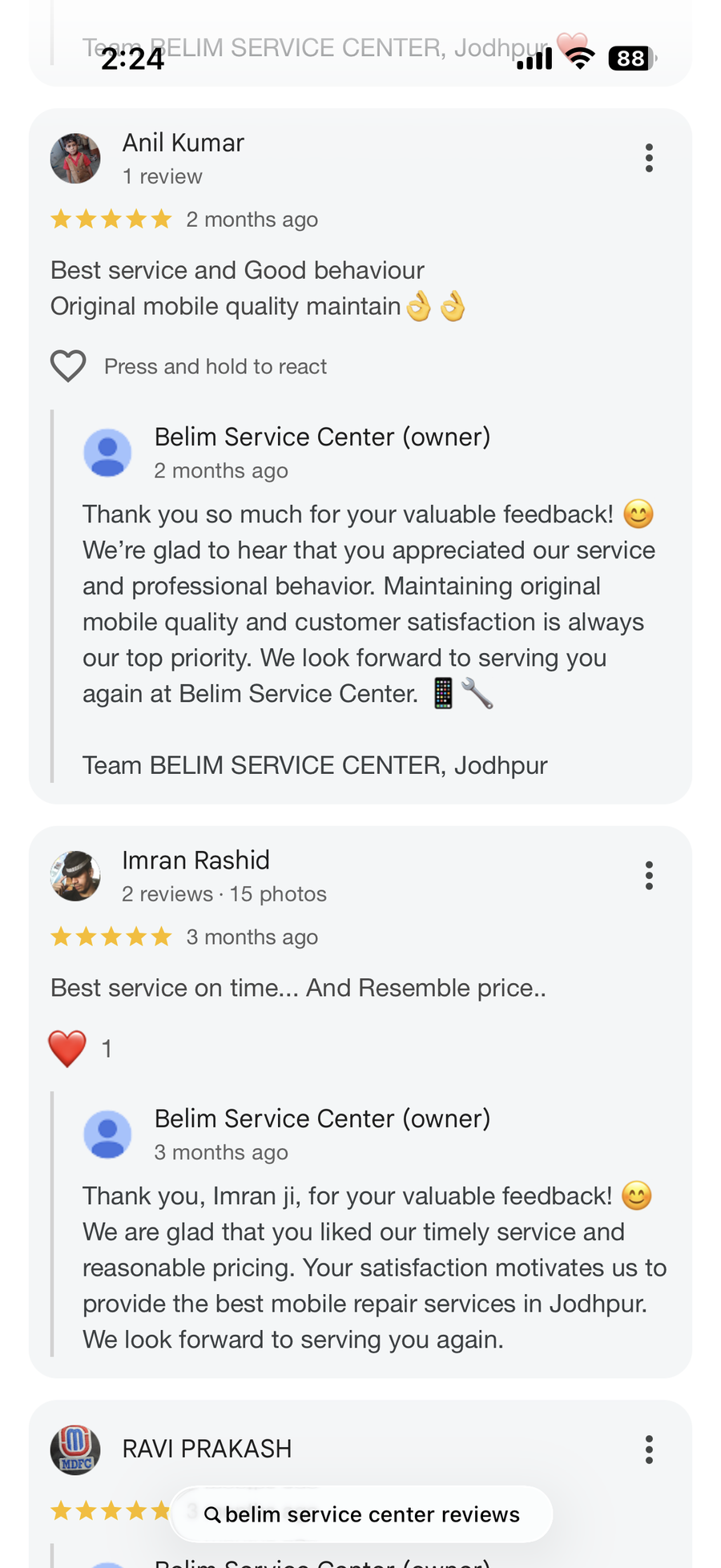 Google review screenshot for BELIM SERVICE CENTER