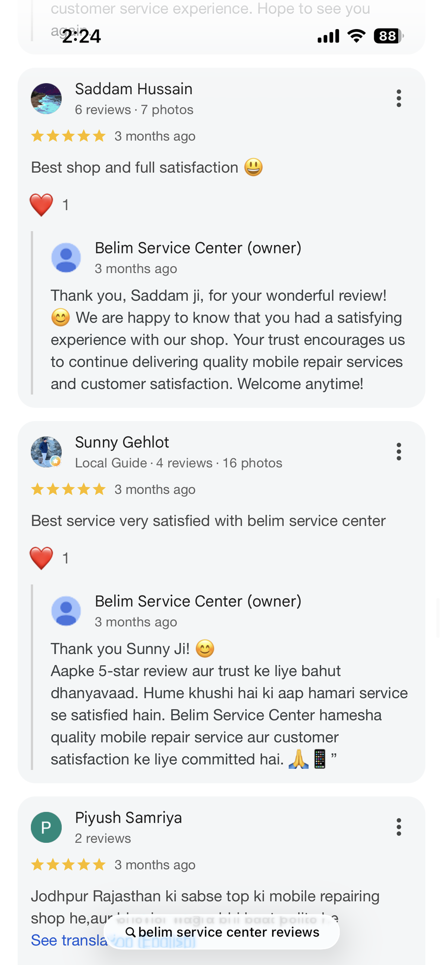 Google review screenshot for BELIM SERVICE CENTER