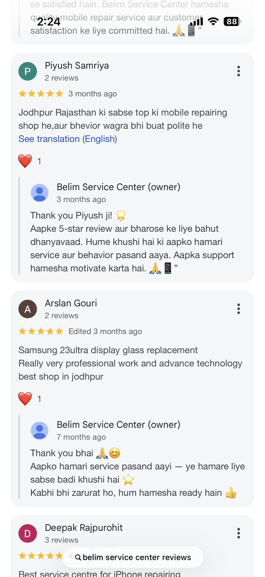 Google review screenshot for BELIM SERVICE CENTER