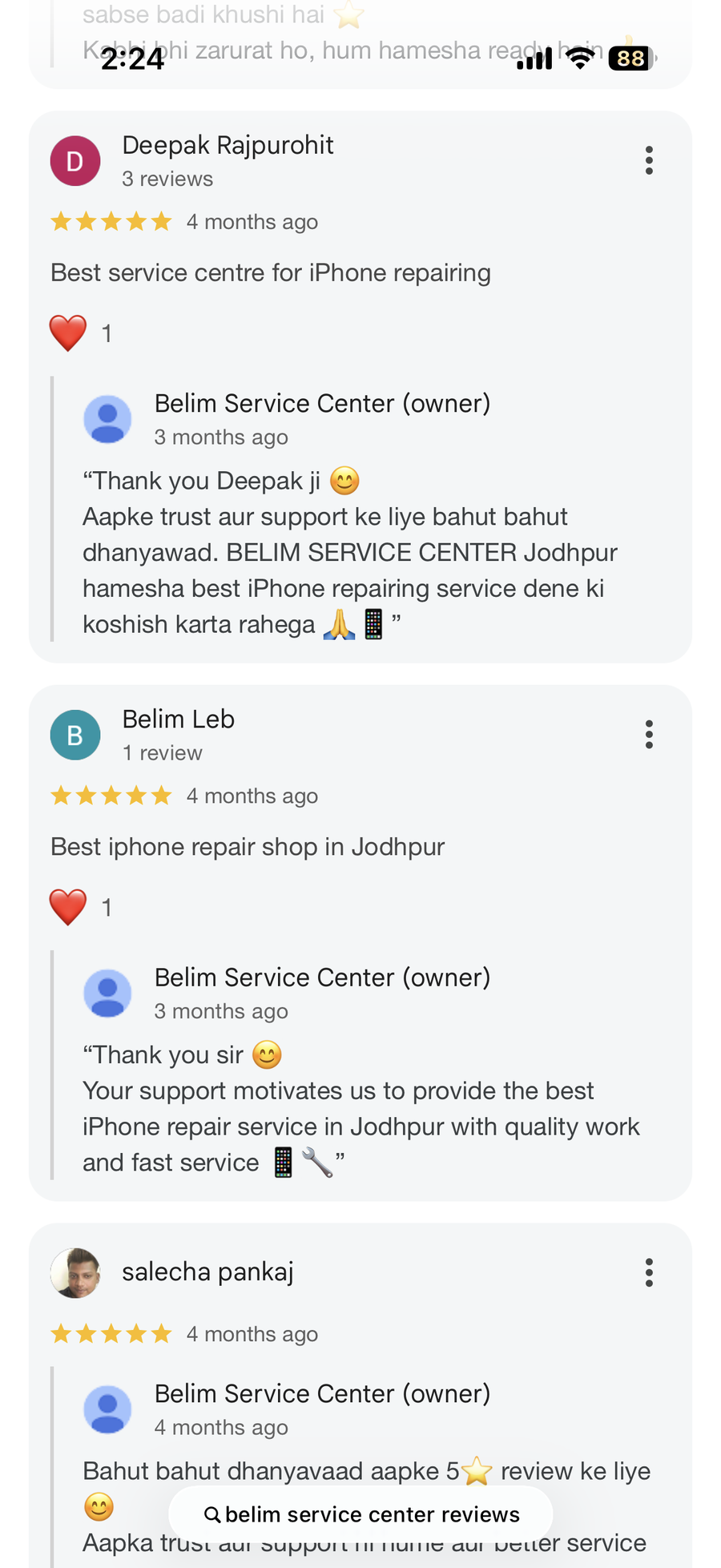Google review screenshot for BELIM SERVICE CENTER