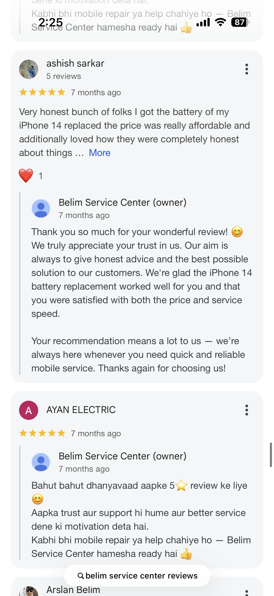 Google review screenshot for BELIM SERVICE CENTER