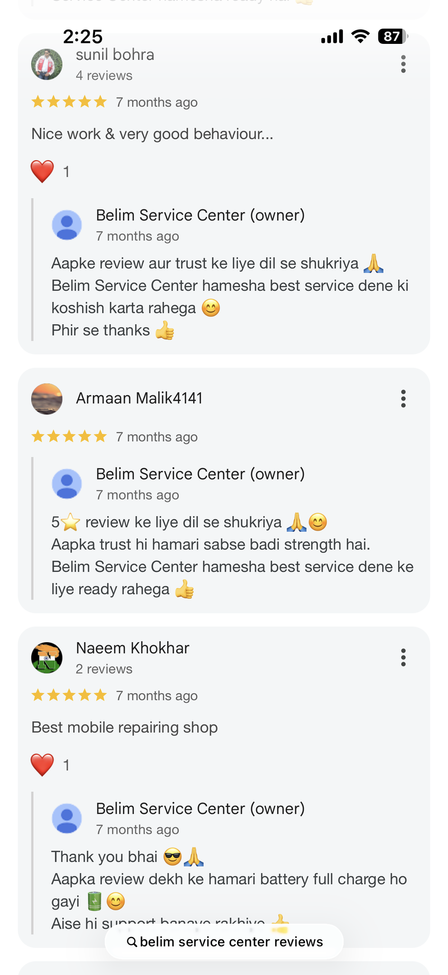 Google review screenshot for BELIM SERVICE CENTER